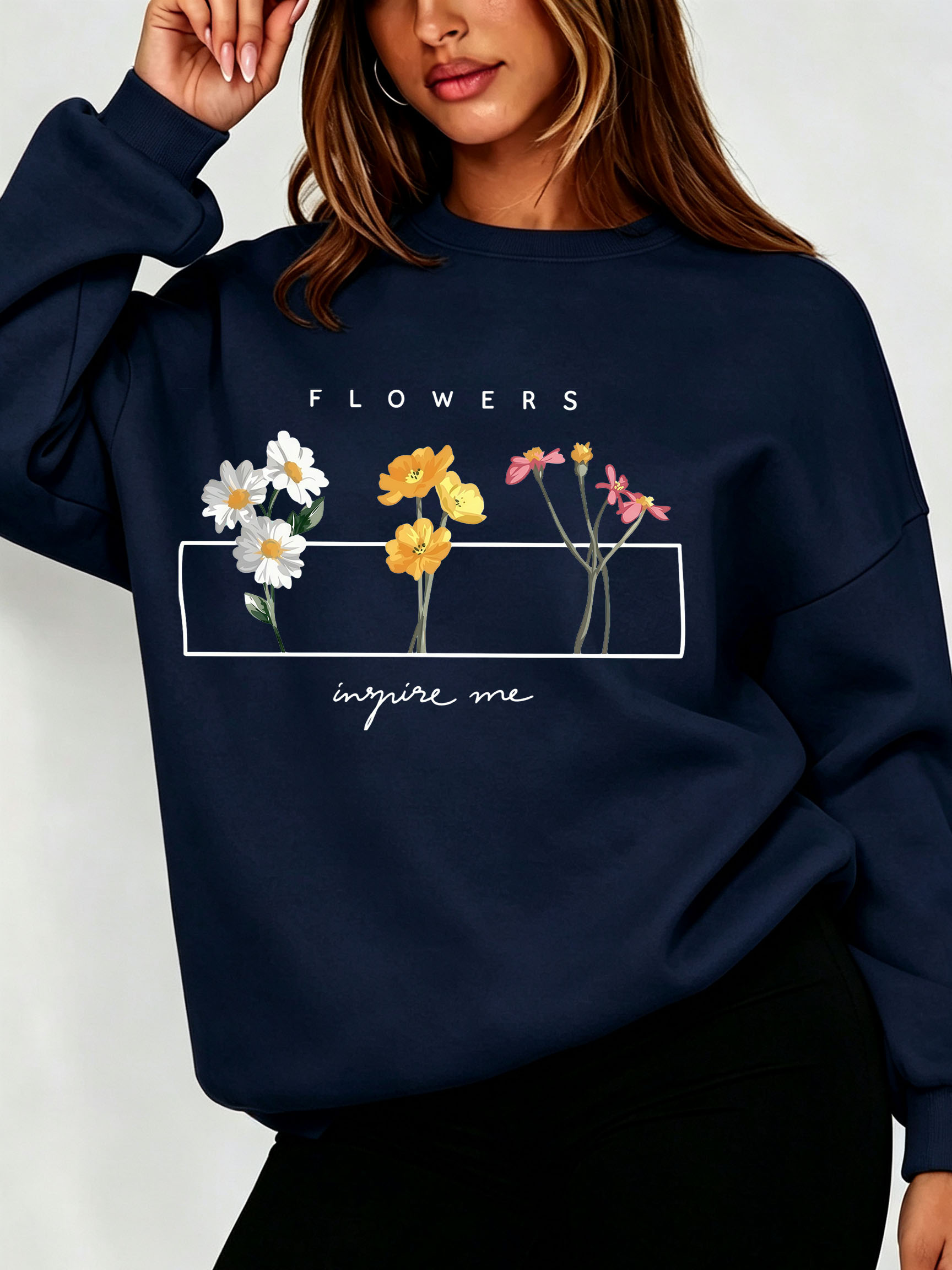 Oversized Crewneck Fleece - Sudadera Floral Daisy para Mujer, Cuello