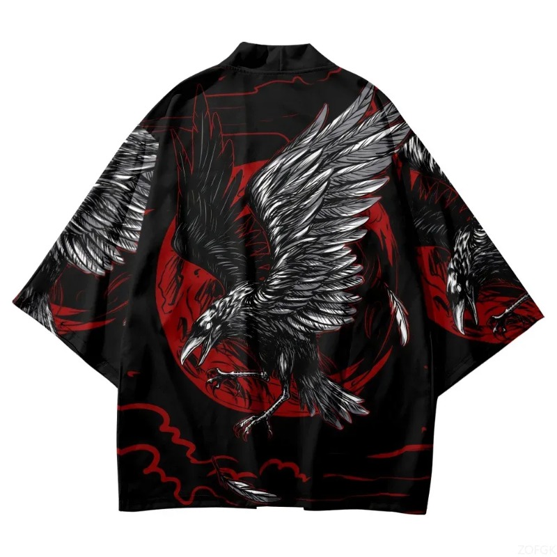 Moda cuervo impreso frente abi - Street Fashion Kimono reseña y precio