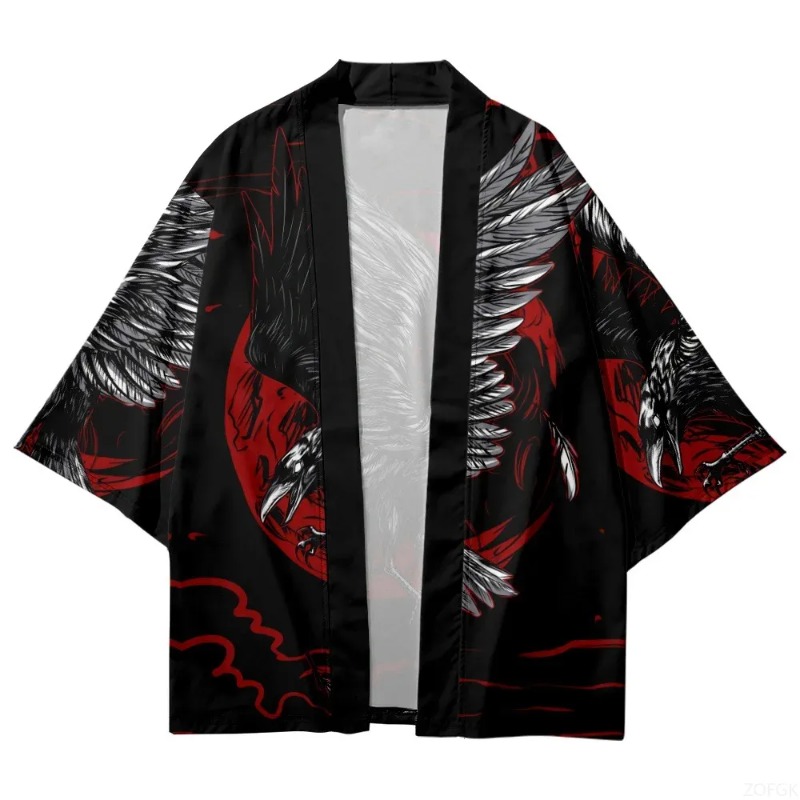 Moda cuervo impreso frente abi - Street Fashion Kimono reseña y precio