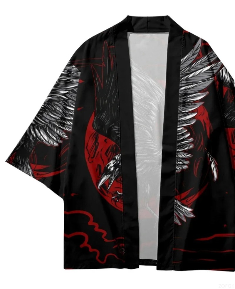 Moda cuervo impreso frente abi - Street Fashion Kimono reseña y precio